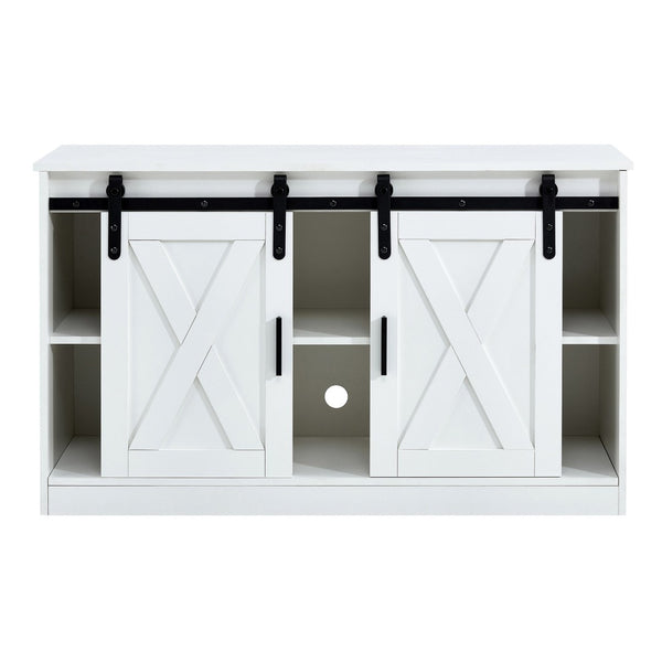English Elm White Wood Farmhouse Tv Stand with Sliding Barn Doors for Living Room Storage W126550961