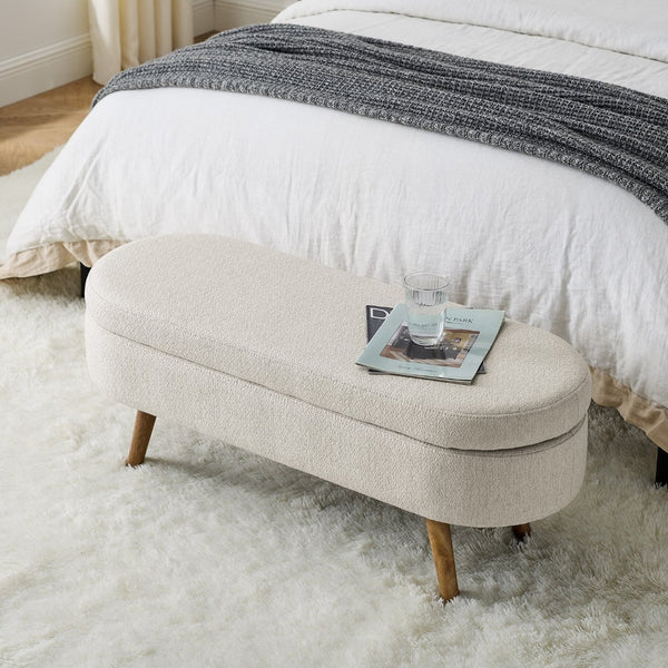 English Elm Ottoman Oval Pleated Storage Bench with Rubberwood Legs for Bedroom or Living Room W48746798