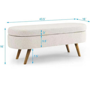 English Elm Ottoman Oval Pleated Storage Bench with Rubberwood Legs for Bedroom or Living Room W48746798