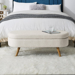 English Elm Ottoman Oval Pleated Storage Bench with Rubberwood Legs for Bedroom or Living Room W48746798