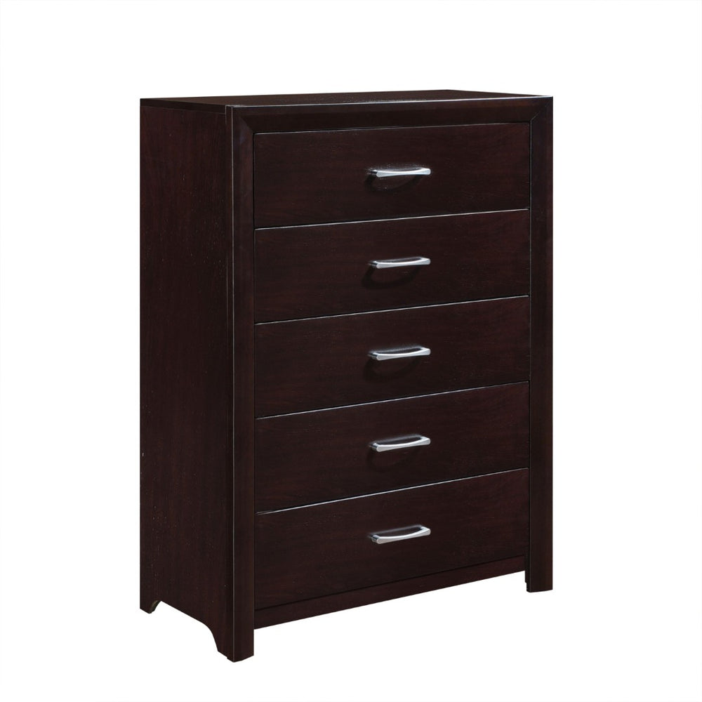 English Elm Espresso Five Drawer Tall Chest with Silver Bar Pulls for Modern Bedroom Storage B01158632