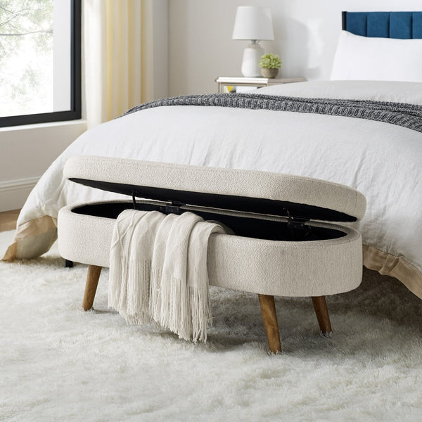 English Elm Ottoman Oval Pleated Storage Bench with Rubberwood Legs for Bedroom or Living Room W48746798