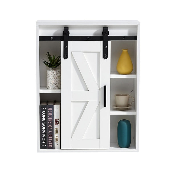 English Elm Wood Wall Mounted Bathroom Cabinet White Sliding Door Five Compartment Storage Organizer W126550952