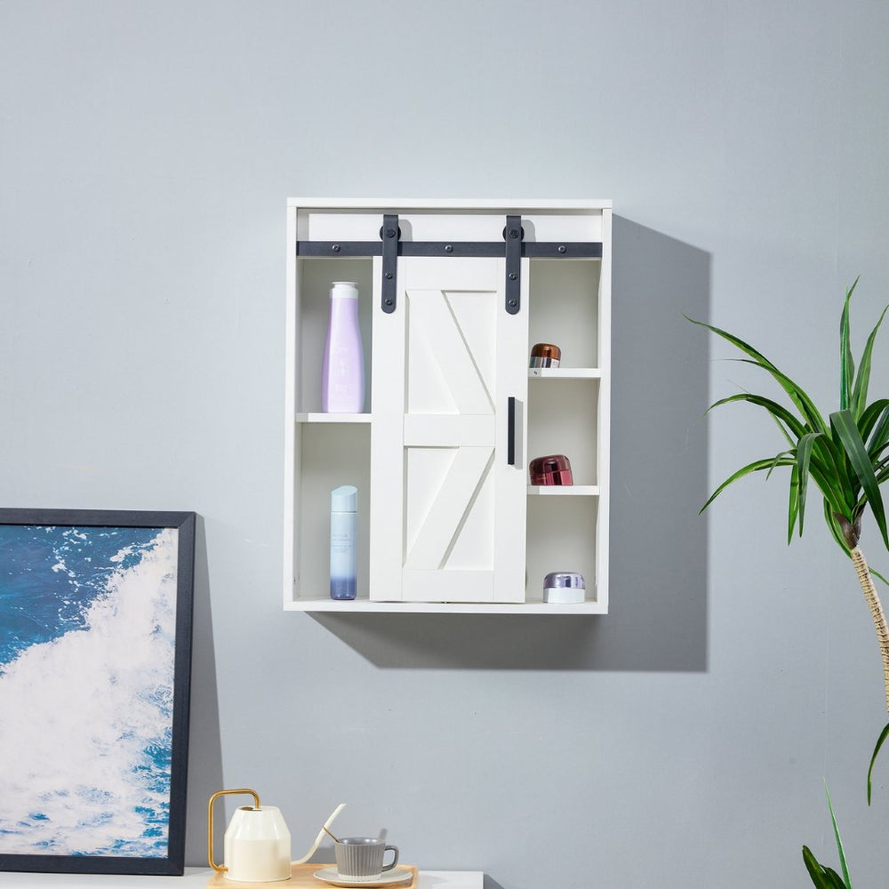 English Elm Wood Wall Mounted Bathroom Cabinet White Sliding Door Five Compartment Storage Organizer W126550952