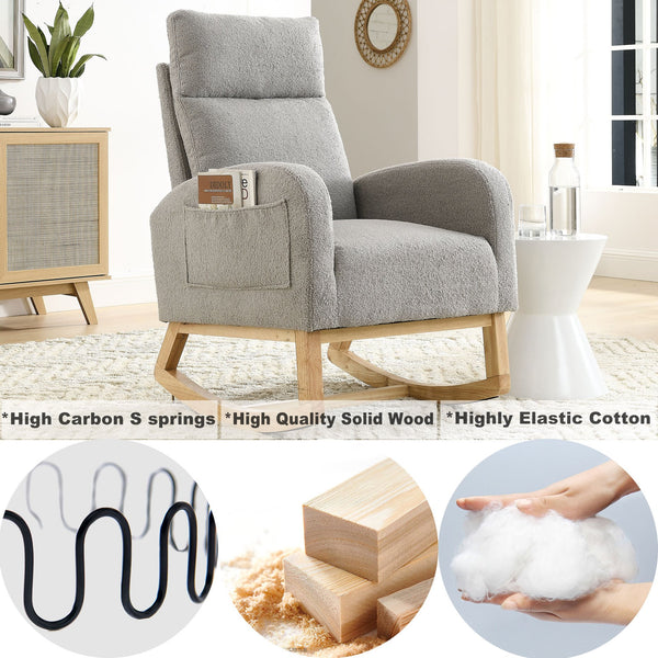 English Elm Welike Single-Position Rocking Chair with Teddy Fleece Upholstery, High Back Comfort & Side Pocket Grey Teddy W83472306