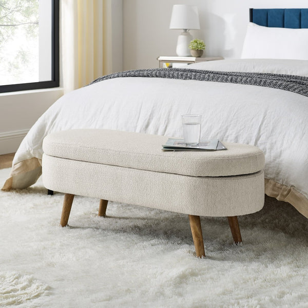 English Elm Ottoman Oval Pleated Storage Bench with Rubberwood Legs for Bedroom or Living Room W48746798