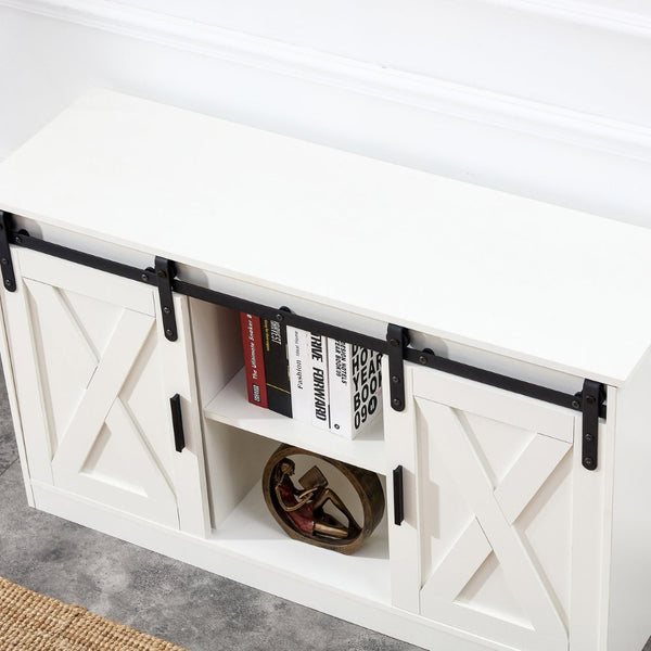 English Elm White Wood Farmhouse Tv Stand with Sliding Barn Doors for Living Room Storage W126550961