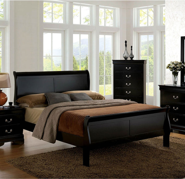 English Elm Queen Sleigh Bed Solid Wood Queen Size Sleigh Bed with Dovetail Construction and Bracket Feet, Elegant Finish Black 27 L x 63 W x 6 H B011S02024