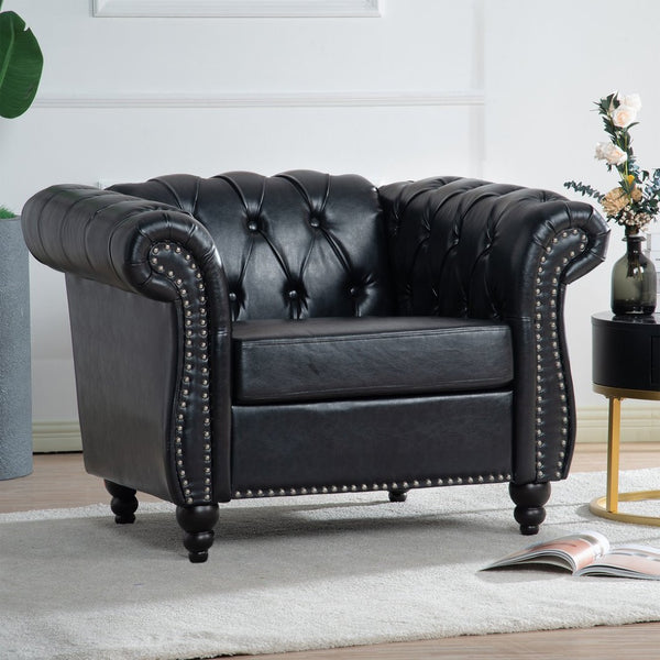 English Elm 1 Seater Pu Leather Tufted Accent Sofa with Birch Legs for Any Living Space Black W680P405343