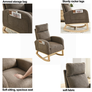 English Elm Welike Single-Position Rocking Chair with Teddy Fleece Upholstery, High Back Comfort & Side Pocket Coffee W83472308