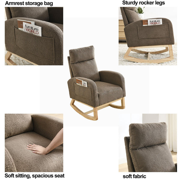 English Elm Welike Single-Position Rocking Chair with Teddy Fleece Upholstery, High Back Comfort & Side Pocket Coffee W83472308