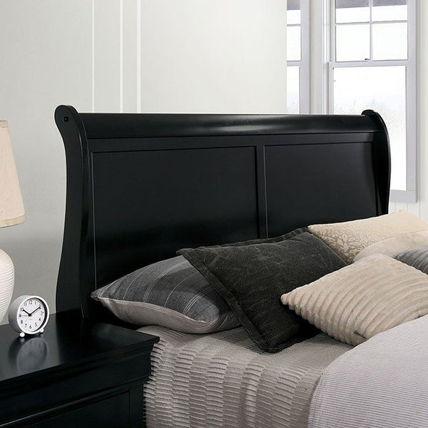 English Elm Queen Sleigh Bed with Elegant Transitional Design, Solid Wood Veneer Construction, Dovetail Craftsmanship and Spacious Foundation Support for Master Bedroom Comfort Black 82 L x 6.7 W x 3 H B011S00181