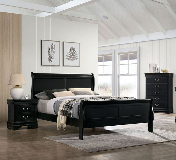 English Elm Queen Sleigh Bed with Elegant Transitional Design, Solid Wood Veneer Construction, Dovetail Craftsmanship and Spacious Foundation Support for Master Bedroom Comfort Black 82 L x 6.7 W x 3 H B011S00181