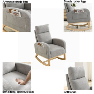 English Elm Welike Single-Position Rocking Chair with Teddy Fleece Upholstery, High Back Comfort & Side Pocket Grey Teddy W83472306