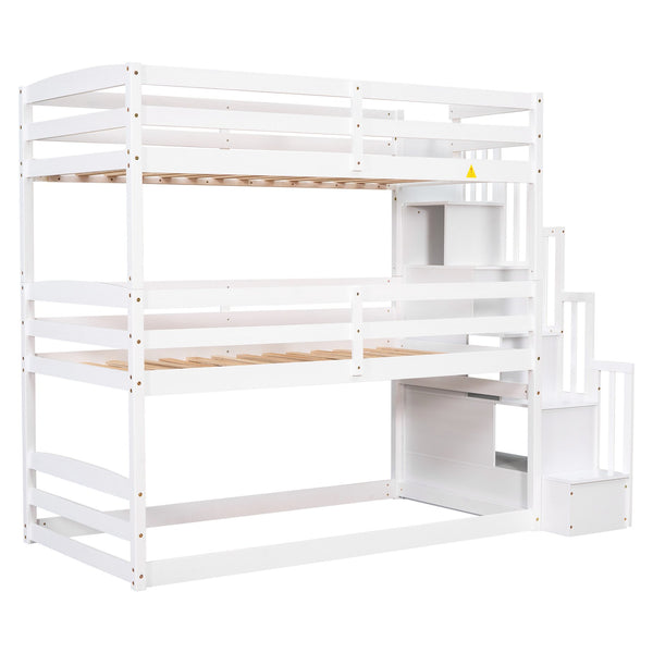 English Elm Twin Triple Bunk Bed with Storage Staircase, Convertible Modular Design, Solid Pine Frame, White Finish GX000413AAK