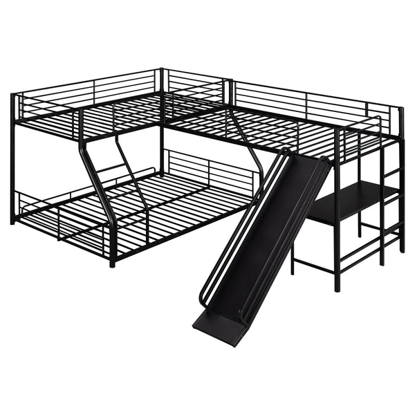 English Elm L-Shaped Twin over Full Bunk Bed with Loft, Built-In Desk & Slide, Black Metal-MDF Space-Saver GX000616AAB
