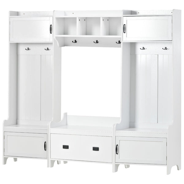 English Elm On-trend Modular White Hall Tree with Seven Hooks Storage Bench and Cabinet Doors SD000019AAK