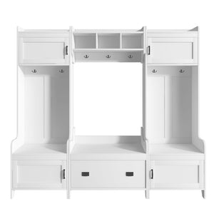 English Elm On-trend Modular White Hall Tree with Seven Hooks Storage Bench and Cabinet Doors SD000019AAK