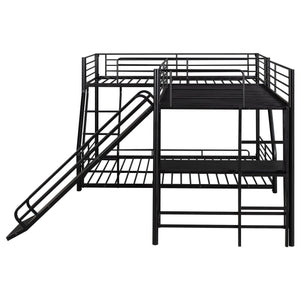 English Elm L-Shaped Twin over Full Bunk Bed with Loft, Built-In Desk & Slide, Black Metal-MDF Space-Saver GX000616AAB