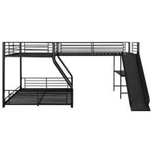 English Elm L-Shaped Twin over Full Bunk Bed with Loft, Built-In Desk & Slide, Black Metal-MDF Space-Saver GX000616AAB