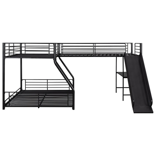 English Elm L-Shaped Twin over Full Bunk Bed with Loft, Built-In Desk & Slide, Black Metal-MDF Space-Saver GX000616AAB