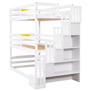 English Elm Twin Triple Bunk Bed with Storage Staircase, Convertible Modular Design, Solid Pine Frame, White Finish GX000413AAK