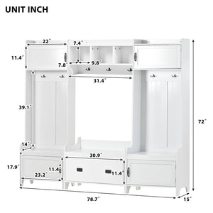 English Elm On-trend Modular White Hall Tree with Seven Hooks Storage Bench and Cabinet Doors SD000019AAK