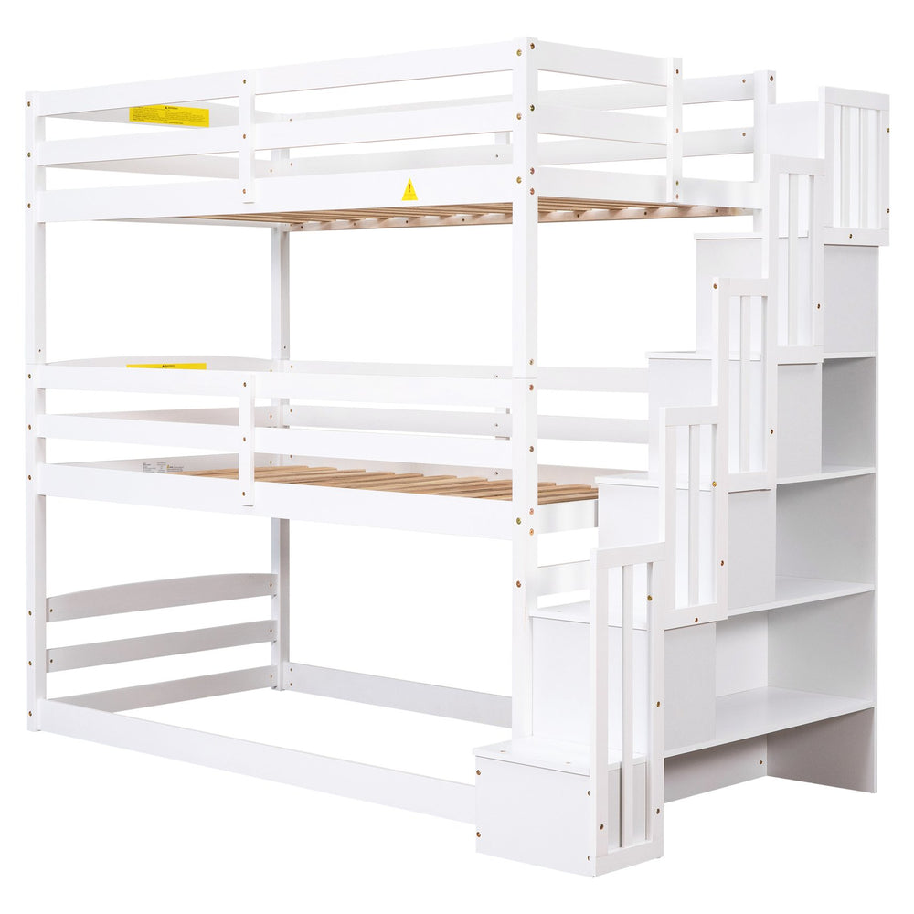 English Elm Twin Triple Bunk Bed with Storage Staircase, Convertible Modular Design, Solid Pine Frame, White Finish GX000413AAK
