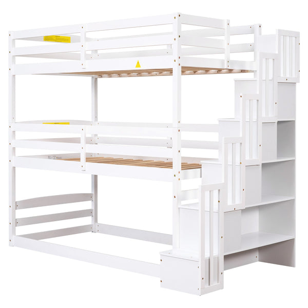 English Elm Twin Triple Bunk Bed with Storage Staircase, Convertible Modular Design, Solid Pine Frame, White Finish GX000413AAK