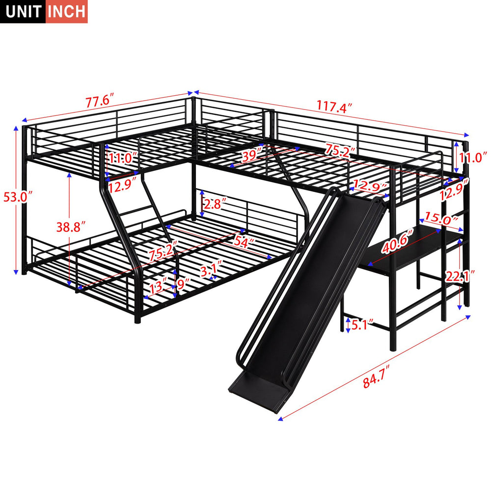 English Elm L-Shaped Twin over Full Bunk Bed with Loft, Built-In Desk & Slide, Black Metal-MDF Space-Saver GX000616AAB