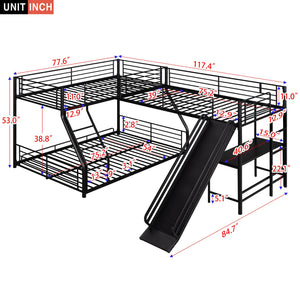 English Elm L-Shaped Twin over Full Bunk Bed with Loft, Built-In Desk & Slide, Black Metal-MDF Space-Saver GX000616AAB