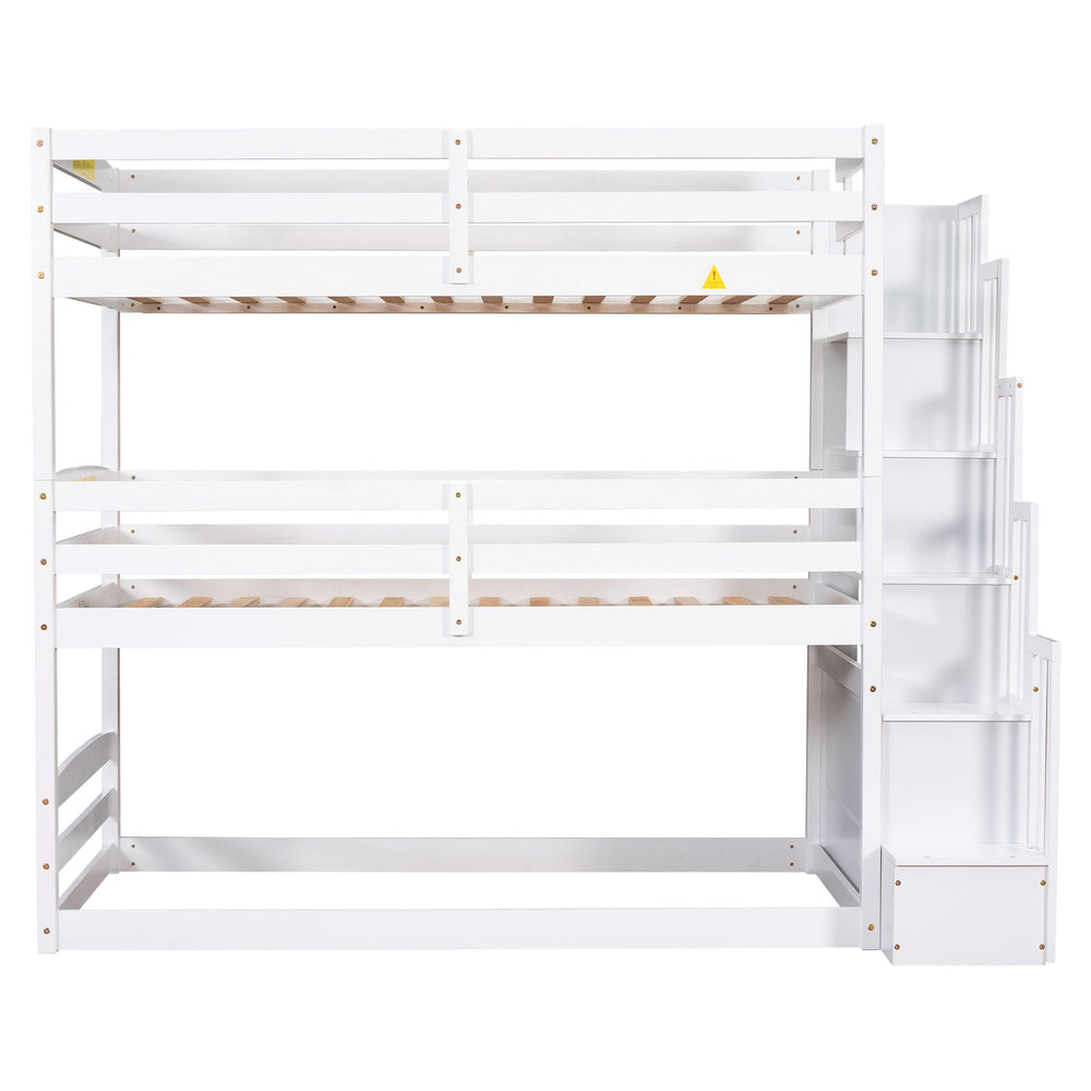 English Elm Twin Triple Bunk Bed with Storage Staircase, Convertible Modular Design, Solid Pine Frame, White Finish GX000413AAK