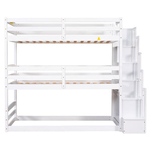 English Elm Twin Triple Bunk Bed with Storage Staircase, Convertible Modular Design, Solid Pine Frame, White Finish GX000413AAK