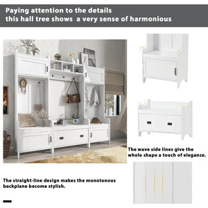 English Elm On-trend Modular White Hall Tree with Seven Hooks Storage Bench and Cabinet Doors SD000019AAK