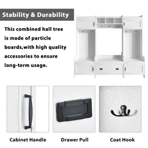 English Elm On-trend Modular White Hall Tree with Seven Hooks Storage Bench and Cabinet Doors SD000019AAK