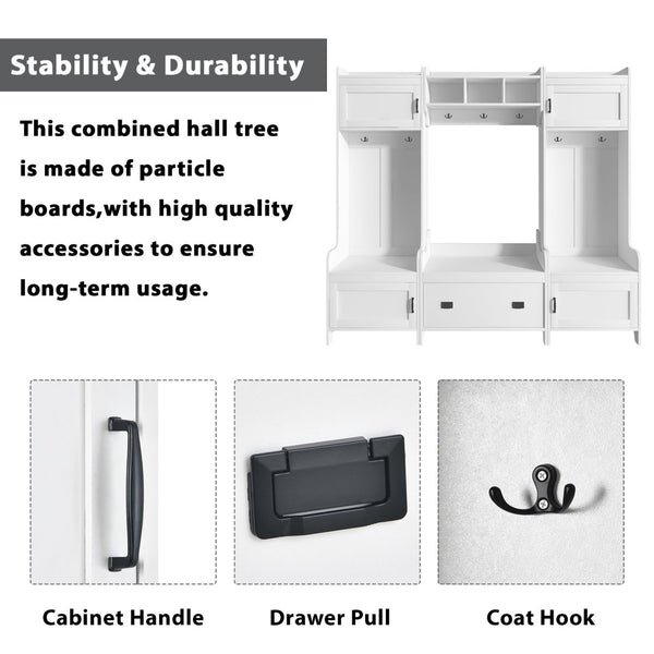 English Elm On-trend Modular White Hall Tree with Seven Hooks Storage Bench and Cabinet Doors SD000019AAK