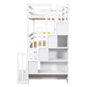 English Elm Twin Triple Bunk Bed with Storage Staircase, Convertible Modular Design, Solid Pine Frame, White Finish GX000413AAK