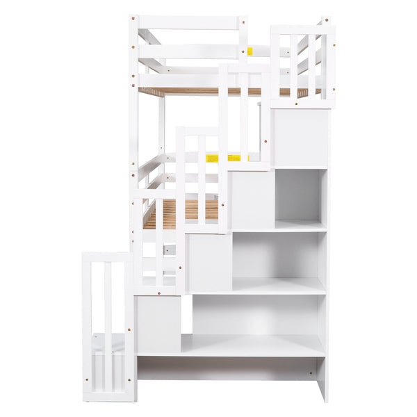 English Elm Twin Triple Bunk Bed with Storage Staircase, Convertible Modular Design, Solid Pine Frame, White Finish GX000413AAK