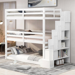 English Elm Twin Triple Bunk Bed with Storage Staircase, Convertible Modular Design, Solid Pine Frame, White Finish GX000413AAK