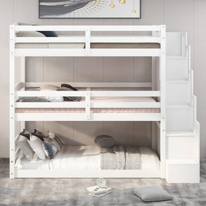 English Elm Twin Triple Bunk Bed with Storage Staircase, Convertible Modular Design, Solid Pine Frame, White Finish GX000413AAK