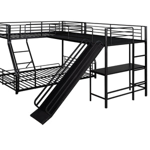 English Elm L-Shaped Twin over Full Bunk Bed with Loft, Built-In Desk & Slide, Black Metal-MDF Space-Saver GX000616AAB