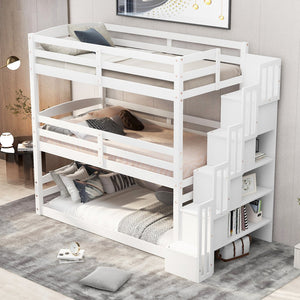 English Elm Twin Triple Bunk Bed with Storage Staircase, Convertible Modular Design, Solid Pine Frame, White Finish GX000413AAK