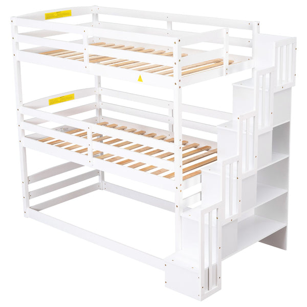 English Elm Twin Triple Bunk Bed with Storage Staircase, Convertible Modular Design, Solid Pine Frame, White Finish GX000413AAK