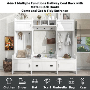 English Elm On-trend Modular White Hall Tree with Seven Hooks Storage Bench and Cabinet Doors SD000019AAK