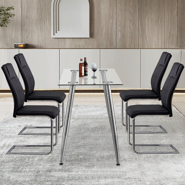 English Elm Modern Pu Leather Upholstered Dining Chairs Set of 8 with Chrome Metal Legs for Kitchen Black W1151S00423