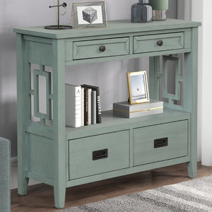 English Elm 36'' Solid Pine Farmhouse Console Four Drawer Entryway Table with Open Shelf Retro Blue W120246662