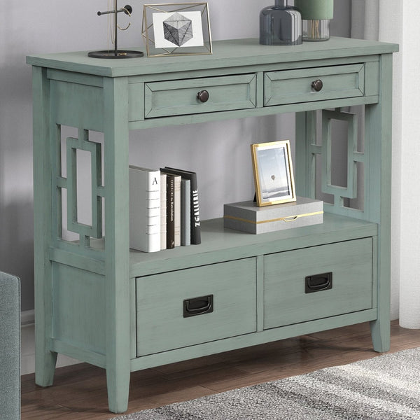 English Elm 36'' Solid Pine Farmhouse Console Four Drawer Entryway Table with Open Shelf Retro Blue W120246662