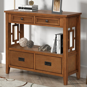 English Elm 36'' Solid Pine Farmhouse Console Four Drawer Entryway Table with Open Shelf Brown W120246663