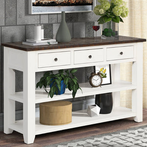 English Elm 48'' Pine Wood Console Table Vintage Entryway Piece with 3 Drawers and Open Shelves Antique White W1202P360964
