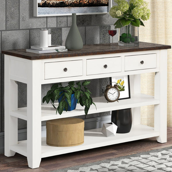 English Elm 48'' Pine Wood Console Table Vintage Entryway Piece with 3 Drawers and Open Shelves Antique White W1202P360964